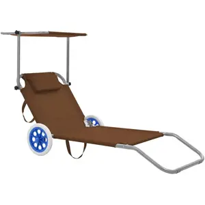 vidaXL Chaise longue pliable avec auvent et roues Acier Taupe pas cher