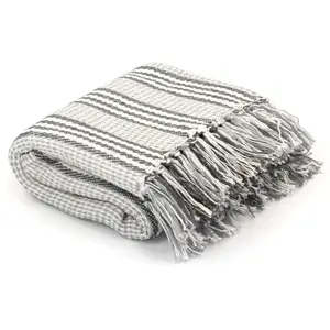 Comparateur de prix : vidaXL Couverture coton à rayures 160x210 cm Gris et Blanc