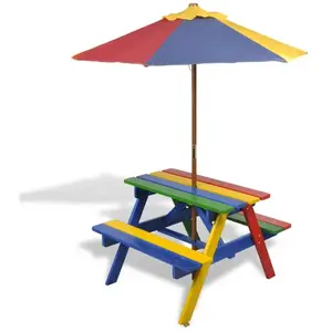 vidaXL Table et bancs de pique-nique avec parasol pour enfants Bois pas cher