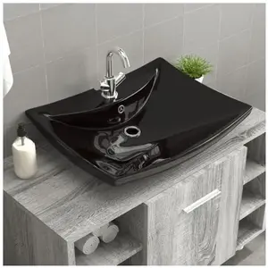 Comparateur de prix : vidaXL Lavabo rectangulaire en céramique noir de luxe avec trop-plein et trou