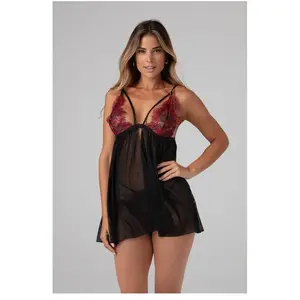 Christine le Duc - Babydoll met String - Fleur de Plaisir - Lingerie Erotisch - Erotische Kleding - Zwart en Rood pas cher