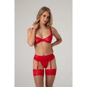 Christine le Duc - 3 delige BH set - Lingerie Erotisch - Jarretelgordel - Marzia - Rood - S/M