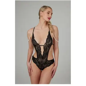Christine le Duc - Body met Open Kruis en Parels - Lingerie Erotisch - Mea - Zwart pas cher