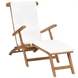 vidaXL Chaise longue avec coussin Blanc crème Bois de teck solide pas cher