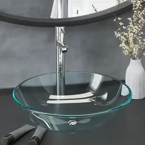 vidaXL Lavabo de bain avec robinet et drain à poussoir Verre trempé pas cher