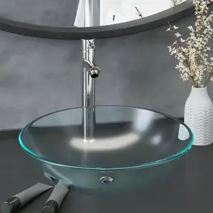 vidaXL Lavabo de bain avec robinet et drain à poussoir Verre trempé pas cher