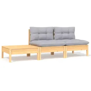 vidaXL Salon de jardin 3 pcs avec coussins gris Bois de pin massif pas cher