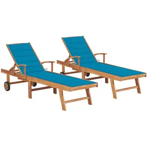 vidaXL Chaises longues lot de 2 avec coussin bleu Bois de teck solide pas cher