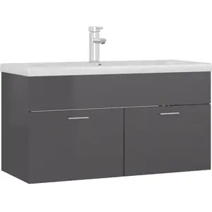 vidaXL Armoire d'évier avec lavabo intégré Gris brillant Aggloméré pas cher