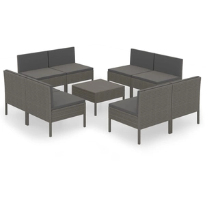 vidaXL Salon de jardin 9 pcs avec coussins Résine tressée Gris pas cher