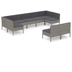 vidaXL Salon de jardin 9 pcs avec coussins Résine tressée Gris pas cher