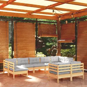 vidaXL Salon de jardin 9 pcs avec coussins gris bois de pin solide pas cher