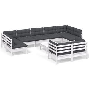 vidaXL Salon de jardin 10 pcs avec coussins blanc bois de pin solide pas cher
