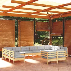 vidaXL Salon de jardin 12 pcs avec coussins gris bois de pin massif pas cher
