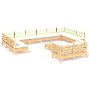 vidaXL Salon de jardin 13 pcs avec coussins crème bois de pin