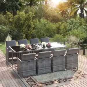 vidaXL Ensemble à manger de jardin coussins 9pcs Résine tressée Gris pas cher