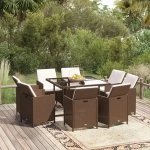 vidaXL Meubles à dîner de jardin et coussins 9 pcs Poly rotin Marron pas cher