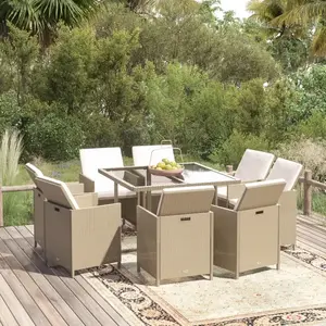 vidaXL Meubles à dîner de jardin et coussins 9 pcs Poly rotin Beige pas cher
