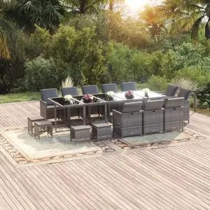 vidaXL Ensemble à manger de jardin coussins 15 pcs Résine tressée Gris pas cher