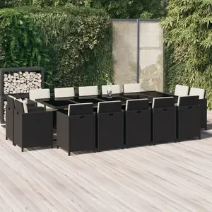 vidaXL Ensemble à manger de jardin coussins 15 pcs Résine tressée Noir pas cher