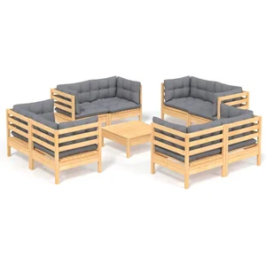 vidaXL Salon de jardin 9 pcs avec coussins gris Bois de pin pas cher