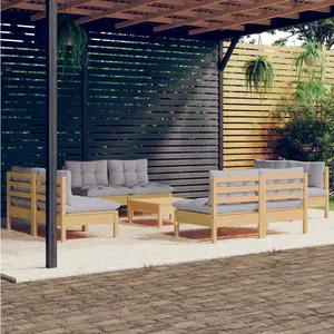 vidaXL Salon de jardin 9 pcs avec coussins gris bois de pin pas cher