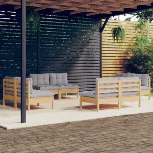 vidaXL Salon de jardin 8 pcs avec coussins gris Bois de pin pas cher