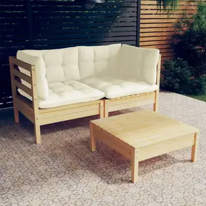 vidaXL Salon de jardin 3 pcs avec coussins crème Bois de pin pas cher