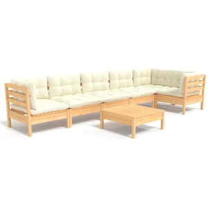 vidaXL Salon de jardin 7 pcs avec coussins crème Bois de pin pas cher