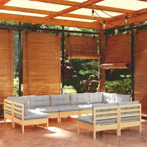 vidaXL Salon de jardin 9 pcs avec coussins gris Bois de pin solide pas cher
