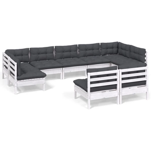 Salon de jardin 9 pcs avec coussins blanc bois de pin solide Vidaxl Blanc pas cher
