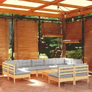vidaXL Salon de jardin 10 pcs avec coussins gris Bois de pin massif pas cher