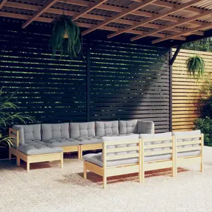 vidaXL Salon de jardin 10 pcs avec coussins gris bois de pin pas cher