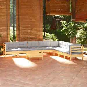 vidaXL Salon de jardin 9 pcs avec coussins gris Bois de pin solide pas cher