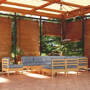vidaXL Salon de jardin 11 pcs avec coussins gris Bois de pin solide pas cher
