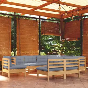 vidaXL Salon de jardin 9 pcs avec coussins gris bois de pin solide pas cher