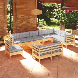 vidaXL Salon de jardin 11 pcs avec coussins gris Bois de pin solide pas cher