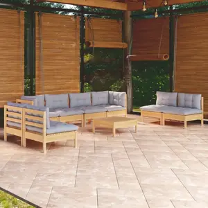 vidaXL Salon de jardin 9 pcs avec coussins gris bois de pin massif pas cher