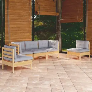 vidaXL Salon de jardin 5 pcs avec coussins gris Bois de pin massif pas cher