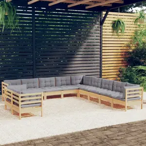 vidaXL Salon de jardin 11 pcs avec coussins gris bois de pin solide pas cher