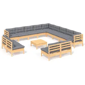 vidaXL Salon de jardin 14 pcs avec coussins gris Bois de pin solide pas cher