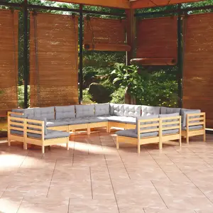 vidaXL Salon de jardin 13 pcs avec coussins gris bois de pin massif pas cher