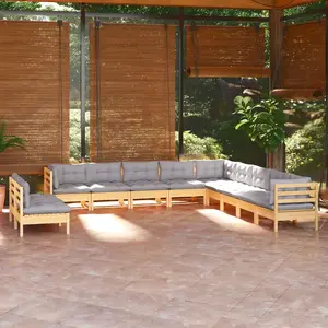 vidaXL Salon de jardin 11 pcs avec coussins gris bois de pin solide pas cher