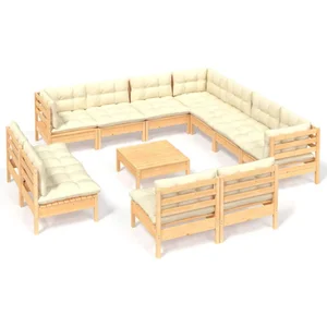 vidaXL Salon de jardin 12 pcs avec coussins crème Bois de pin massif pas cher