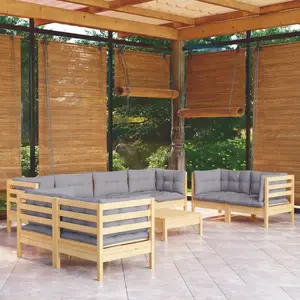 vidaXL Salon de jardin 9 pcs avec coussins gris bois de pin massif pas cher