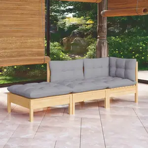 vidaXL Salon de jardin 3 pcs avec coussins gris Bois de pin massif pas cher