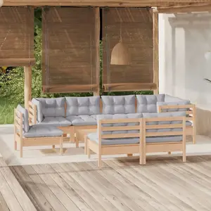 vidaXL Salon de jardin 9 pcs avec coussins gris Bois de pin massif pas cher