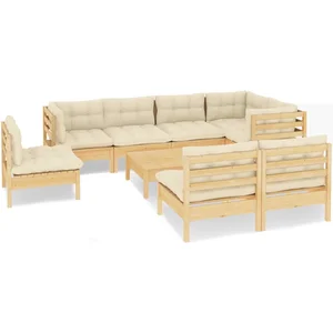 vidaXL Salon de jardin 9 pcs avec coussins crème Bois de pin massif pas cher