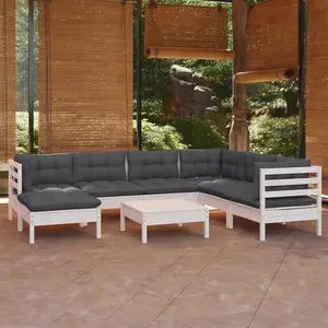 Salon de jardin 8 pcs avec coussins blanc bois de pin solide Vidaxl Blanc pas cher