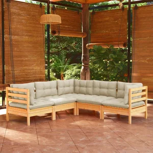 vidaXL Salon de jardin 5 pcs avec coussins crème Bois de pin solide pas cher